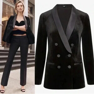 New Express Shawl Satin Collar Double Breasted Tuxedo Velvet Blazer Jacket S